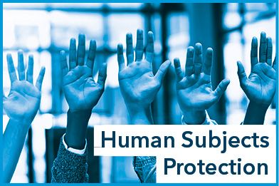 Human subjects protection text overlaid atop five raised up palms