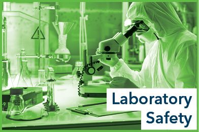 Laboratory safety text overlaid upon a person looking through a microscope in a lab