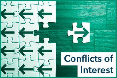 Conflicts of interest text overlaid upon puzzle with left sided arrows and one right sided outlier