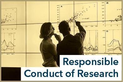 Responsible conduct of research text overlaid upon two individuals examining graphs on a screen
